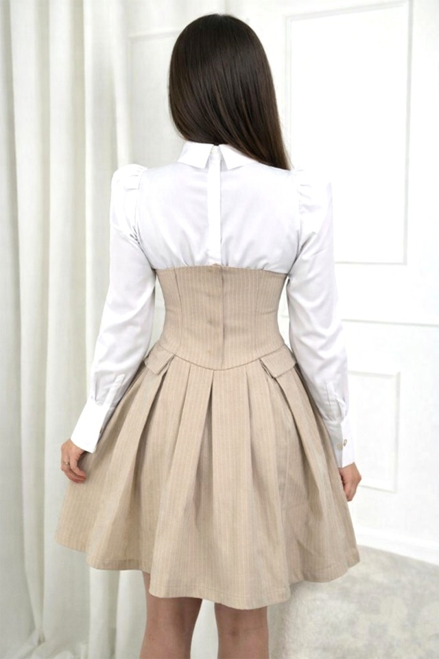 Rochie office tip camasa TOMYNA, bumbac si brosa inclusa, Bej, Marime S/M