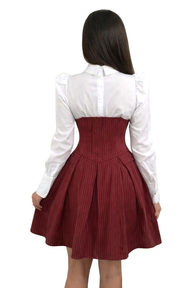 Rochie office tip camasa TOMYNA, bumbac si brosa inclusa, Bordo, Marime S/M