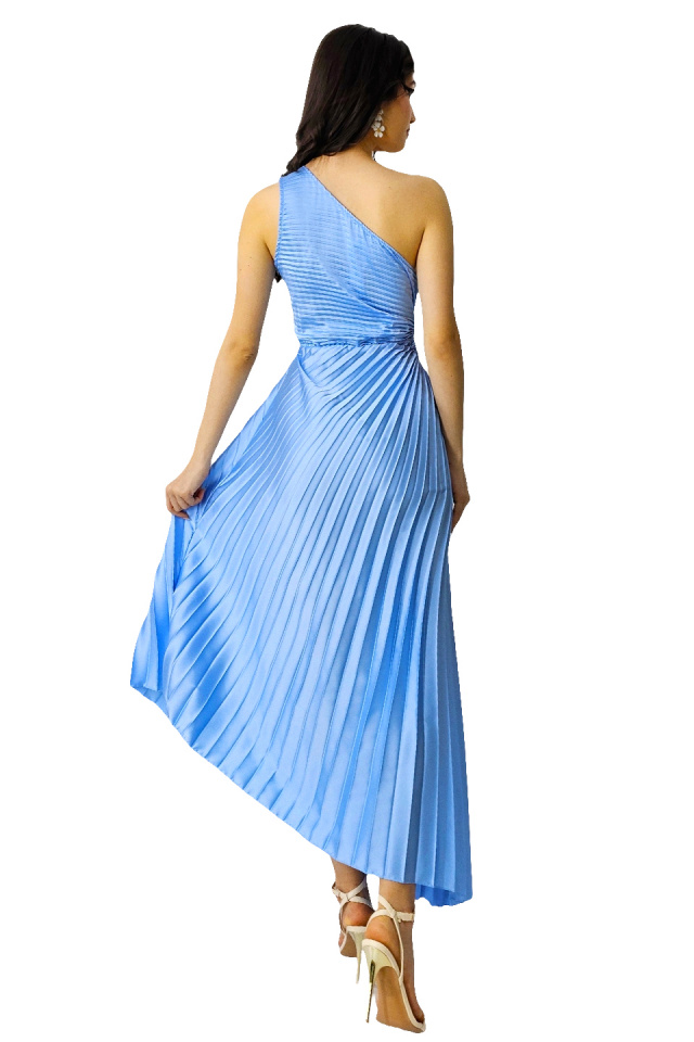 Rochie plisata asimetrica Elza, cu decupaj in zona taliei, Albastru baby blue, Marime S/M