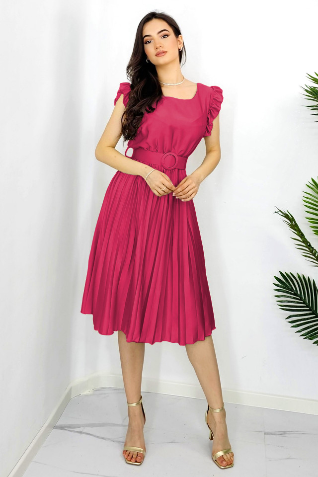 Rochie plisata midi, Elenor, cu volanase si curea asortata, Fucsia, Marime universala S/M