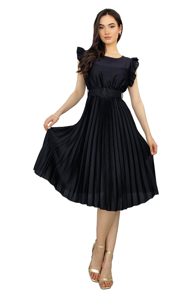 Rochie plisata midi, Elenor, cu volanase si curea asortata, Negru, Marime universala S/M