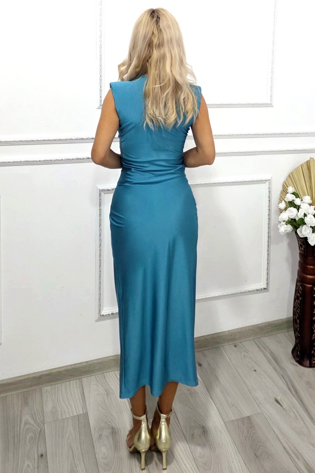 Rochie satinata Ilaria, croiala medie si crapatura pe picior, Turquoise, Marime S/M