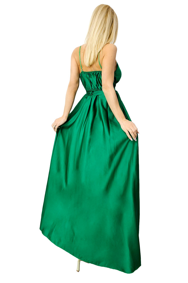 Rochie satinata Jhade, croiala decupata, cordon si bretele subtiri, Verde inchis, Marime S/M