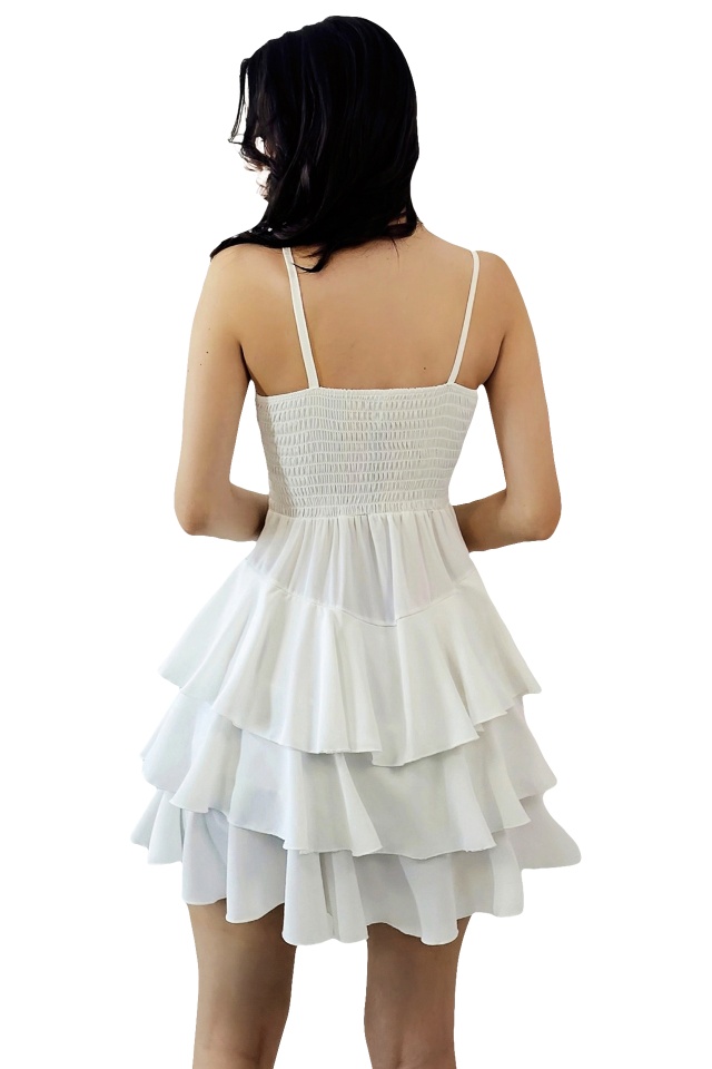 Rochie scurta AUGUSTina, babydoll cu volane asimetrice, Alb, Marime S/M