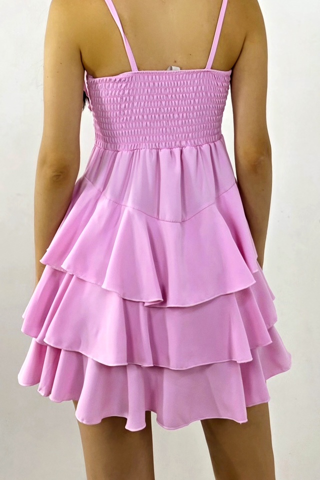 Rochie scurta AUGUSTina, babydoll cu volane asimetrice, ROZ, Marime S/M