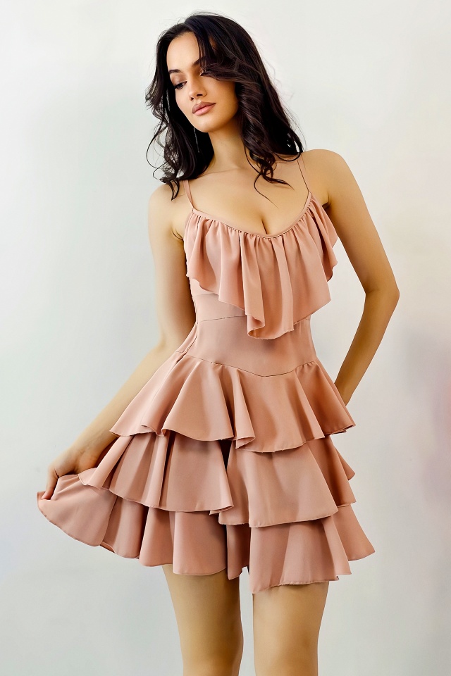Rochie scurta AUGUSTina, babydoll cu volane asimetrice, Roz prăfuit, Marime S/M