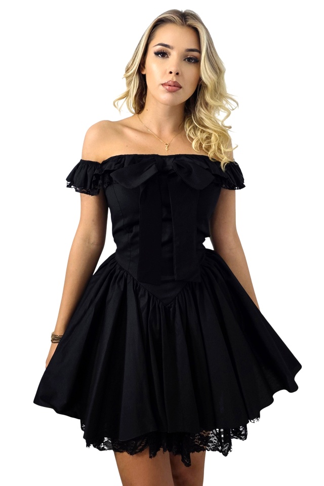 Rochie scurta babydoll VYVYE, cu volane si dantela, Negru, Marime S/M