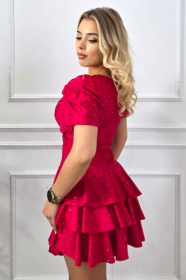 Rochie scurta de banchet, NAYABI, cu volane si cristale, Rosu, Marime S/M