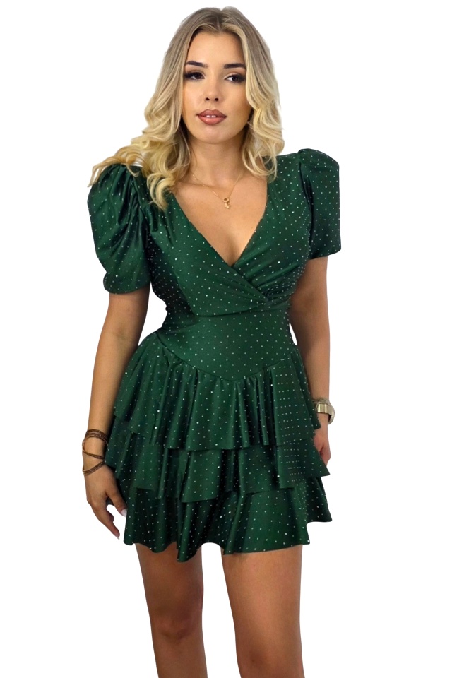 Rochie scurta de ocazie NAYABI, cu volane si cristale, Verde inchis, Marime S/M