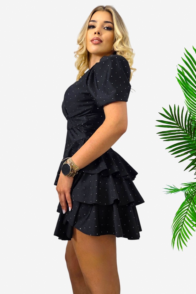 Rochie scurta de party NAYABI, cu volane si cristale, Negru, Marime S/M