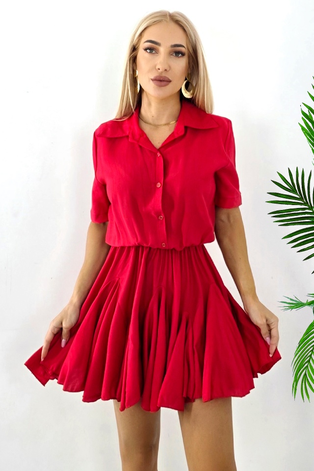 Rochie scurta, de zi, Peony, cu volum si volane, Rosu, Marime S/M