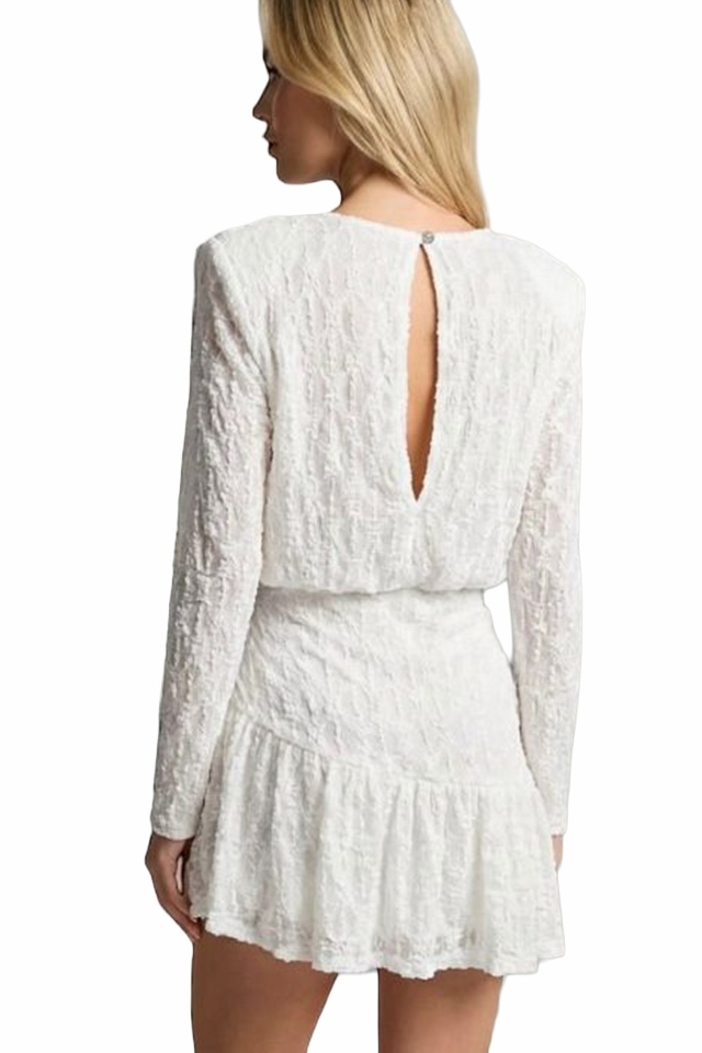 Rochie scurta, din dantela, Lunara, cu volane si elastic in talie, ALB, Marime S/M