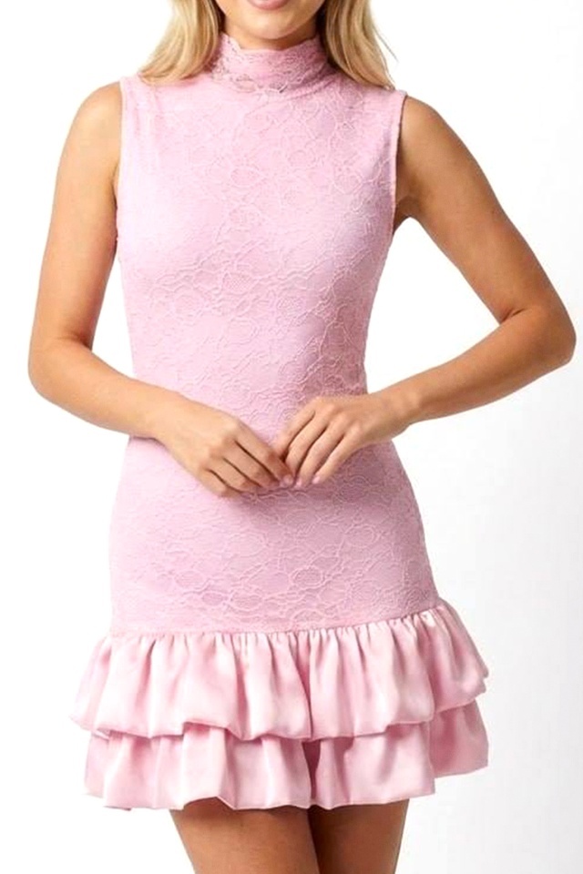 Rochie scurta, satinata IVORIA, cu dantela si guler inalt, Roz, Marime S/M