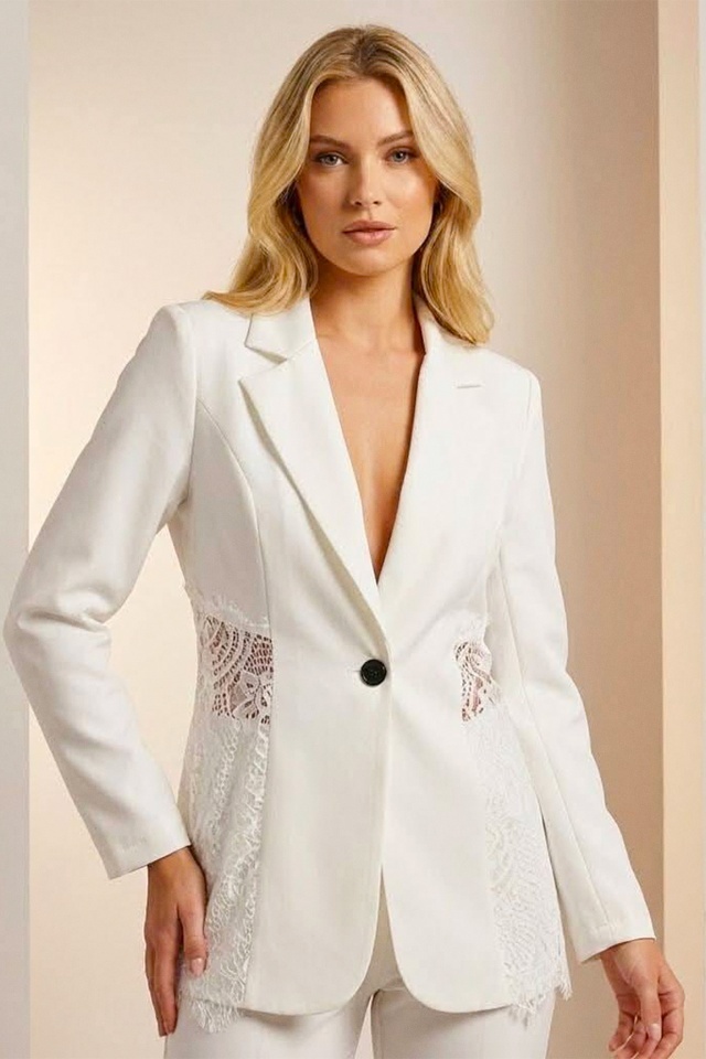 Sacou cambrat, de ocazie, Roselle, cu panou asimetric din dantela, Alb, Marime S/M