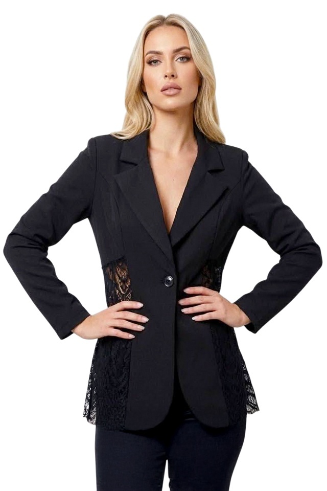 Sacou de ocazie Roselle, cu panou asimetric din dantela, Negru, Marime S/M