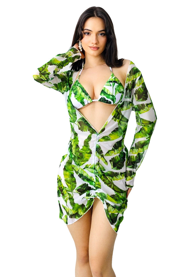 Set de plaja trei piese Ameline, costum de baie reglabil si rochie cu snur reversibil, Verde Amazon