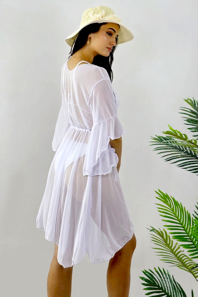 Set de plaja trei piese NaLLa-Zeny, cardigan si costum de baie cu paiete, ALB - 1 | YEO