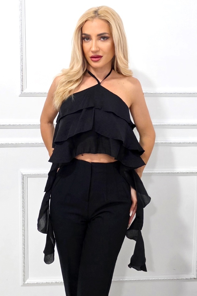 Top de seara Yuna, cu volane oversize asimetrice, Negru, Marime S/M - 3 | YEO