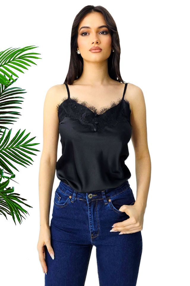 Top din satin Juliana, cu bretele subtiri reglabile si dantela, Negru, Marime S/M