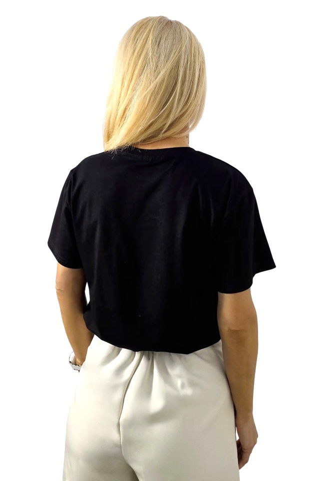 Tricou bumbac NOREA, cu imprimeu fashion si cristale, PURSE Negru, Marime S/M - 1 | YEO
