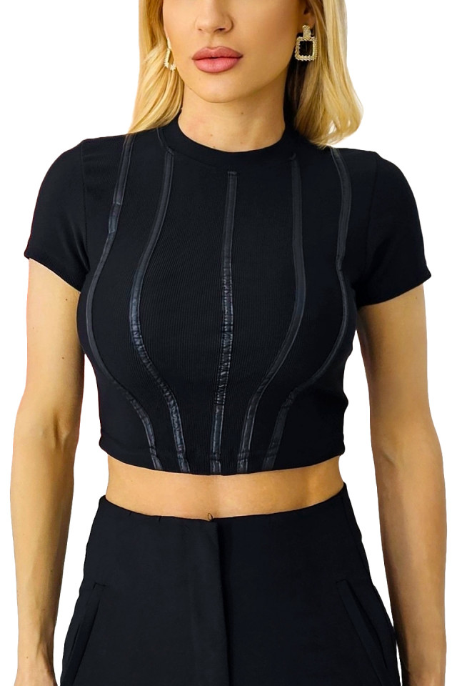 Tricou crop IKA, cu striatii si insertii din piele ecologica, Negru - 3 | YEO