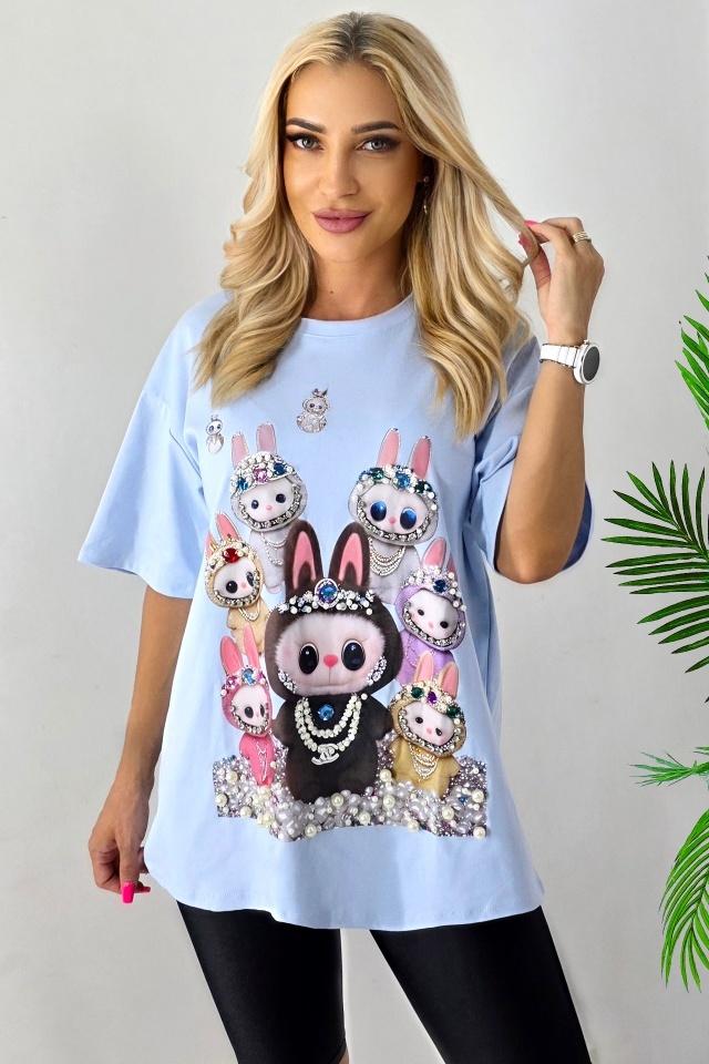 Tricou dama cu print La BuBu, croiala lejera cu perle si cristale, Blue, Marime S/M/L - 3 | YEO
