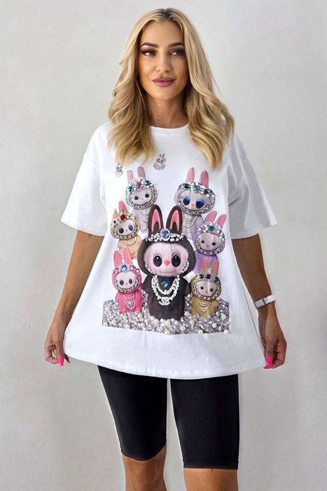 Tricou dama cu print La BuBu, croiala oversize cu perle si cristale, Alb, Marime S/M/L