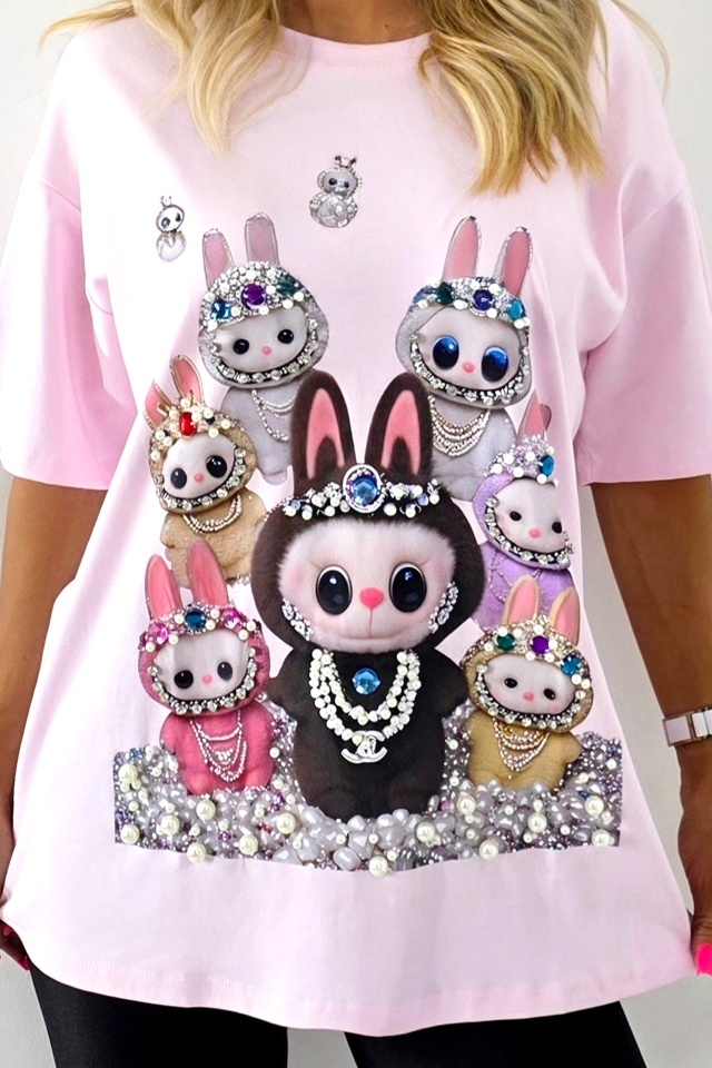Tricou lung imprimat La BuBu, cu perle si cristale colorate, Roz, Marime S/M/L