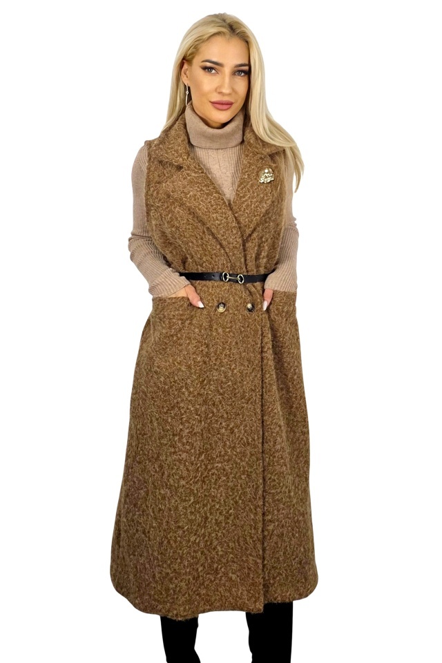 Vesta lunga de dama SILVANA, cu brosa si curea incluse, Maro, Marime S/M/L