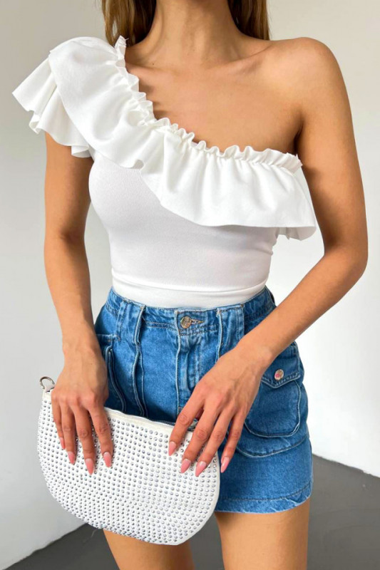 Bluza asimetrica Elara, cu umarul gol si volan oversize, Alb