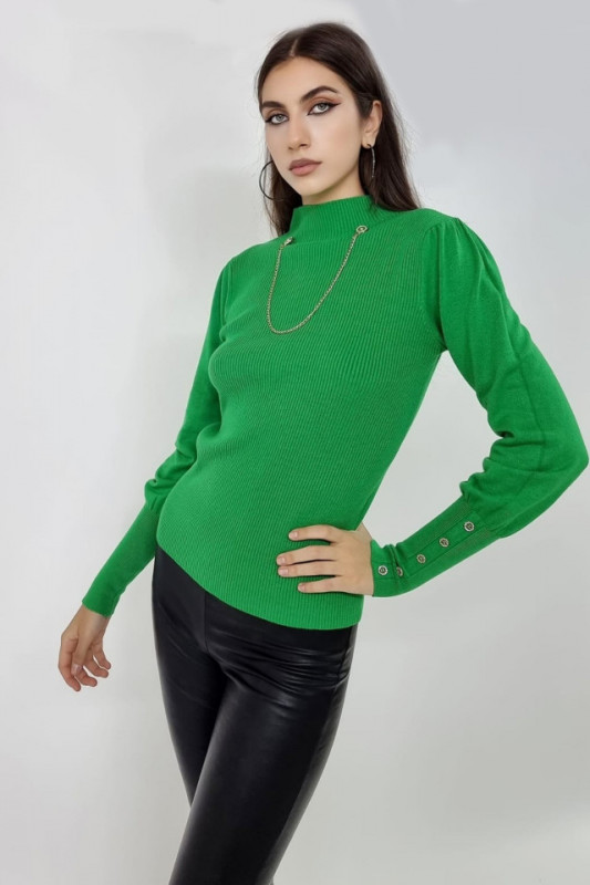 Bluza dama Zarita, casmir si guler stilizat cu lant metalic delicat, Verde, Marime universala S/M