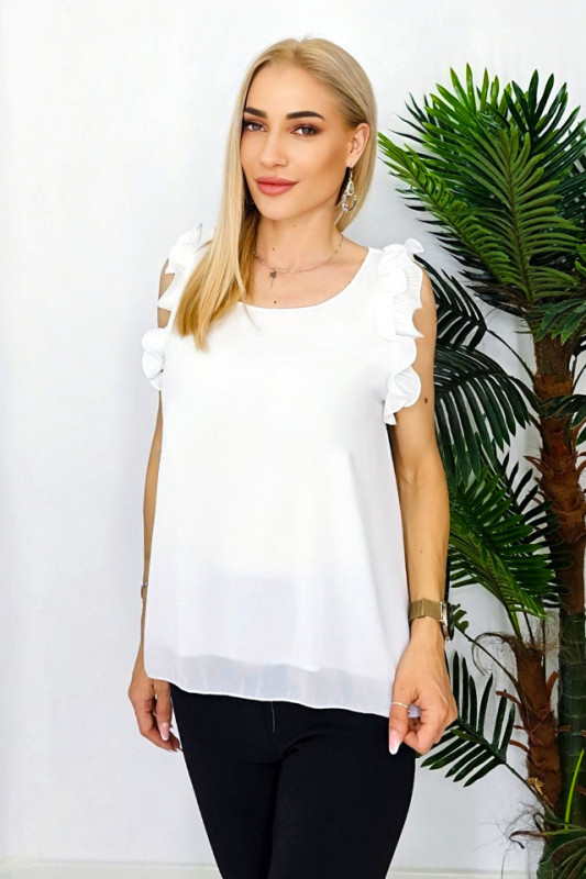 Bluza vaporoasa Estell, cu volane plisate si croi evazat, Alb, Marime S/M