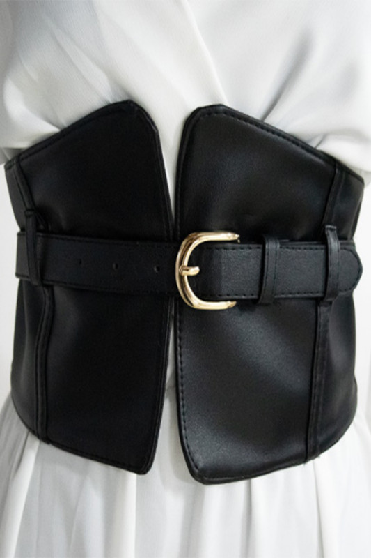Centura corset Crazy neagra, lata, din piele ecologica, cu banda elastica si curea de prindere
