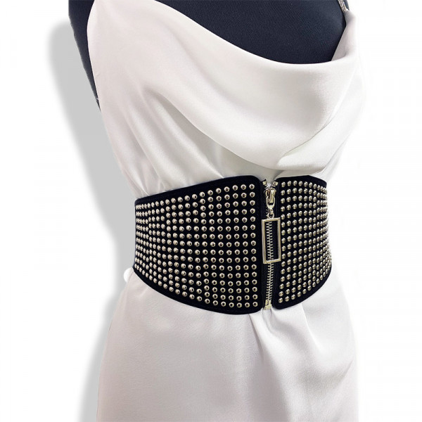 Centura corset Lia neagra, lata, din piele ecologica, elastica, cu capse si fermoar