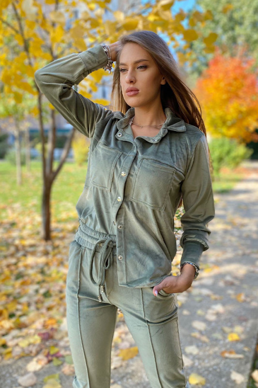 Compleu de catifea Aurora, pantaloni si camasa, Olive, Marime S/M