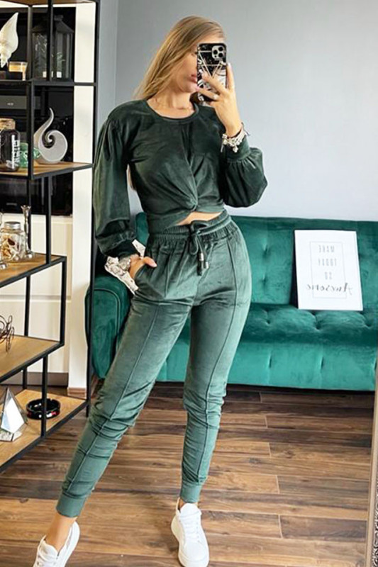 Compleu de catifea Katrina, pantaloni si bluza, smarald