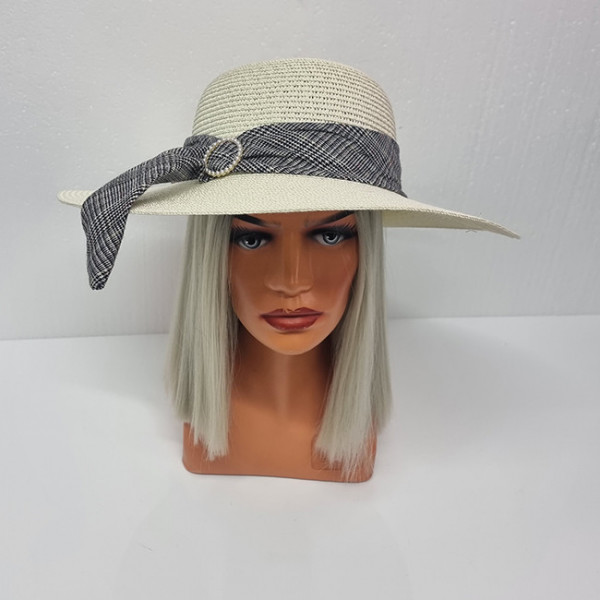 Palarie de plaja Celia cu banderola in doua culori, alb