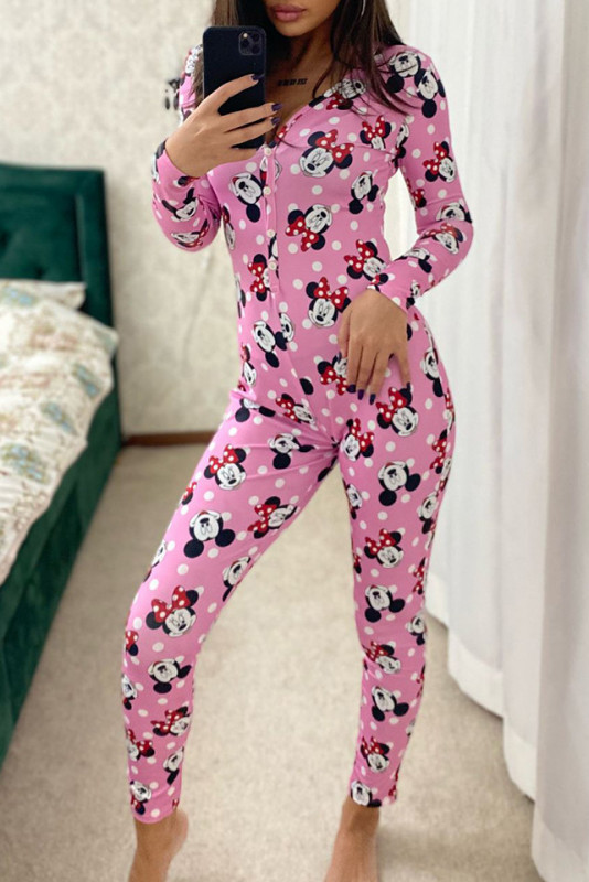 Pijama lunga tip salopeta Vicky, cu maneca lunga, inchidere cu nasturi si imprimeuri diverse, colorate, Pink Mice, Marime universala S/M