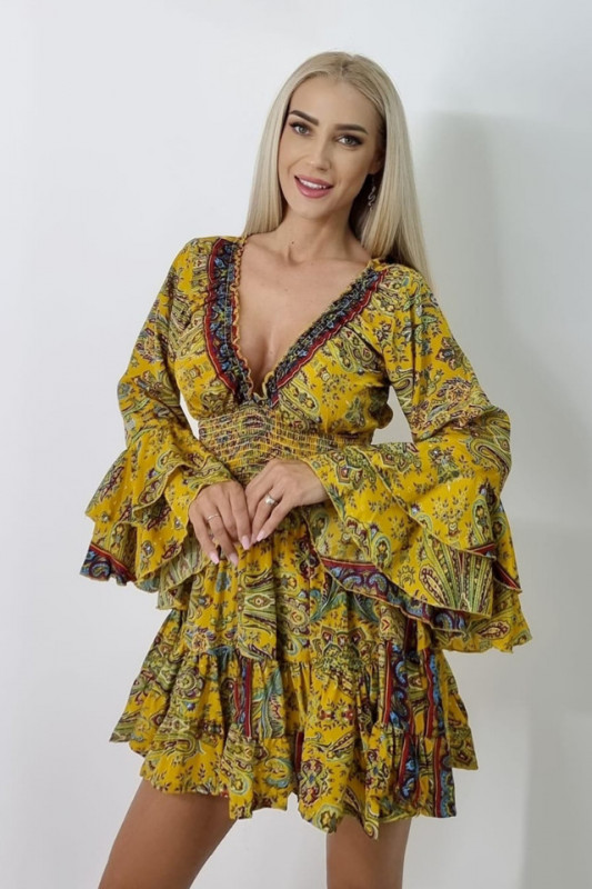 Rochie Genoveva, cu volane si decolteu adanc, Galben