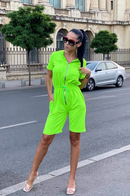 Salopeta scurta Charlene, din bumbac, cu gluga, Verde melange