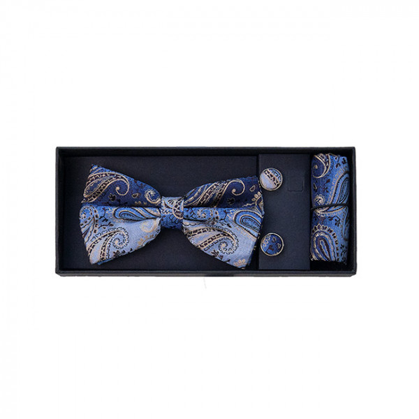 Set 3 piese Mistery, pentru barbati, papion, butoni si batista din stofa, albastru degradee cu imprimeu auriu, MS101
