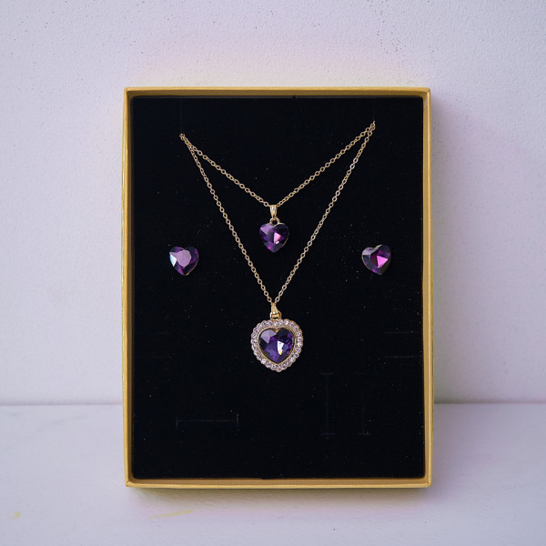 Set accesorii Danser a Deux, din inox, cu cercei, pandativ cu pietre si sirag cu doua lanturi, in cutie eleganta, Gold Heart Mov