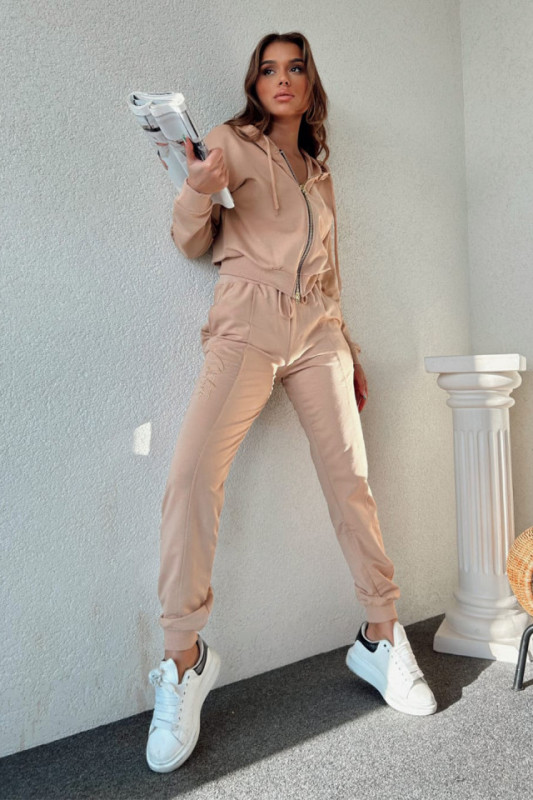 Trening cu bumbac Signature, cu text imprimat, bluza cu fermoar si pantaloni cu banda elastica la extremitati, Crem