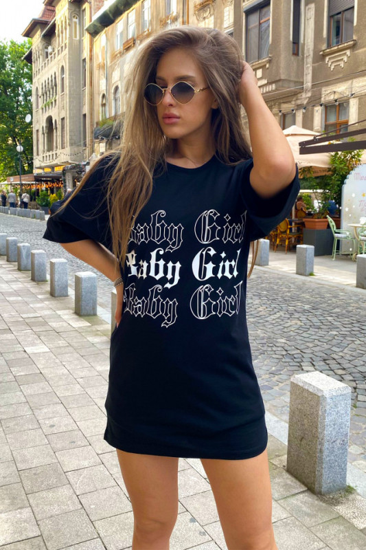 Tricou bumbac Allexa, cu lungime medie si imprimeu "Baby girl", Negru, Marimea S/M