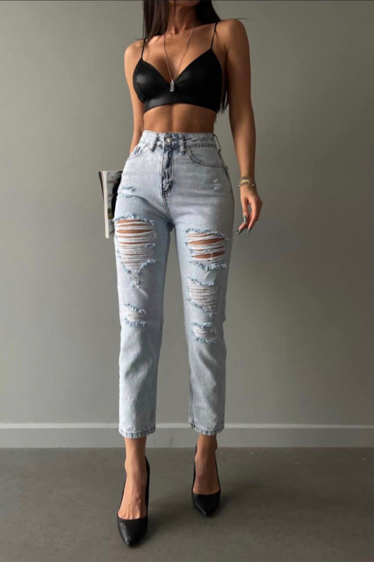 Blugi mom fit Stranger, cu talie inalta, perforatii frontale, buzunare si croiala regular fit, Albastru ceata