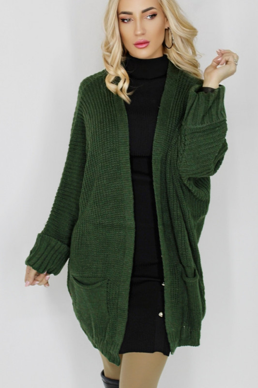 Cardigan lung Himmea, tricot, cu maneci oversize si croiala conica, Verde, Marime universala S/M/L