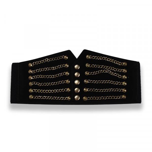 Centura corset FFY neagra, din piele ecologica, elastica, cu lant auriu