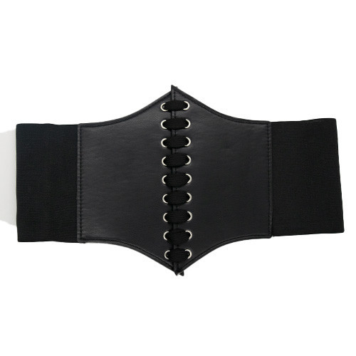 Centura corset Nemira neagra, lata, din piele ecologica, cu banda elastica  si snururi