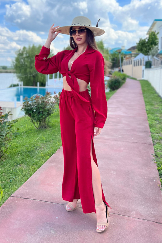 Compleu bumbac Evea, camasa cu legare in talie si pantaloni largi cu slit, Rosu, Marime universala S/M