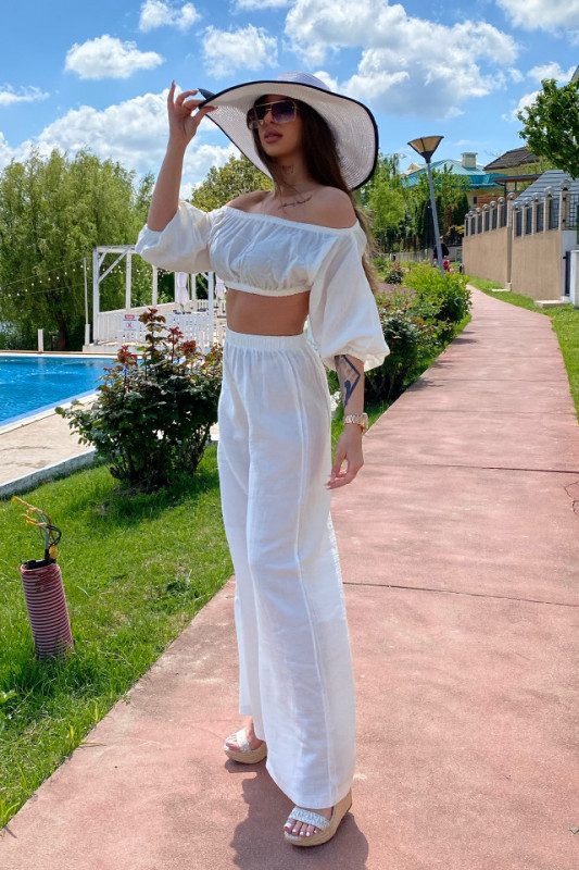 Compleu bumbac Theria, bluza crop cu umerii goi si pantaloni lungi culottes, Alb, Marime universala S/M